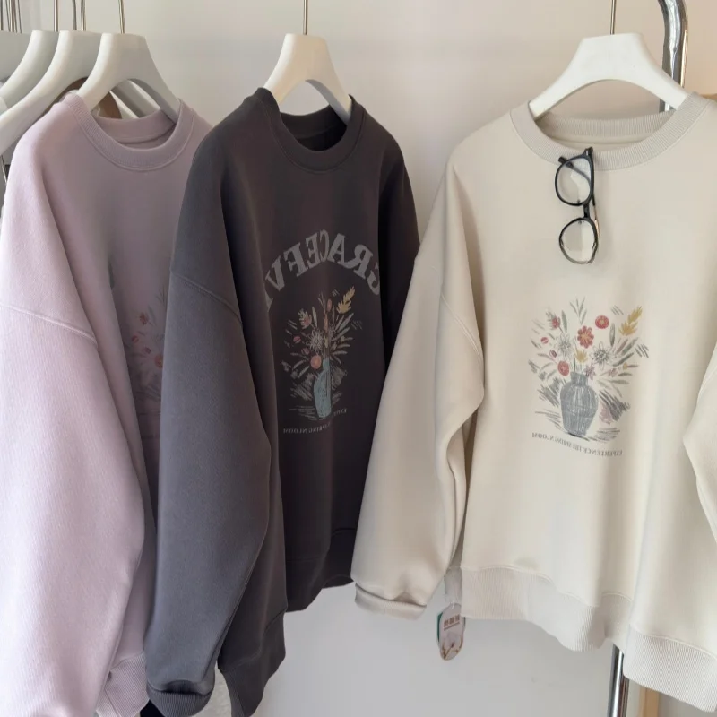 

Korean Style Sweet Print round Neck Sweatshirt Women's Loose Fit Fashionable Spring Autumn Casual Slimming Overhead Top