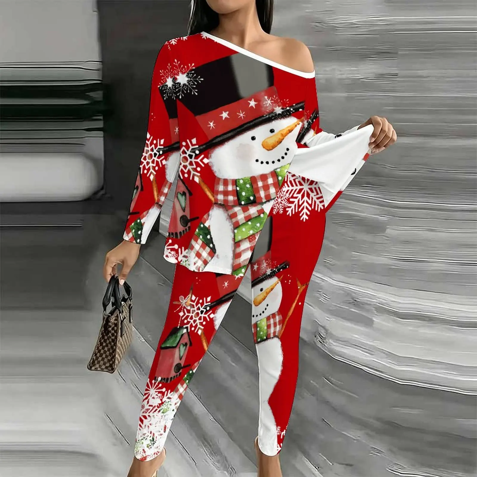 Christmas Jogging Pants Autumn Winter Women's Diagonal Collar Long Sleeved   Printed Two-piece Set Off Shoulder T-shirt