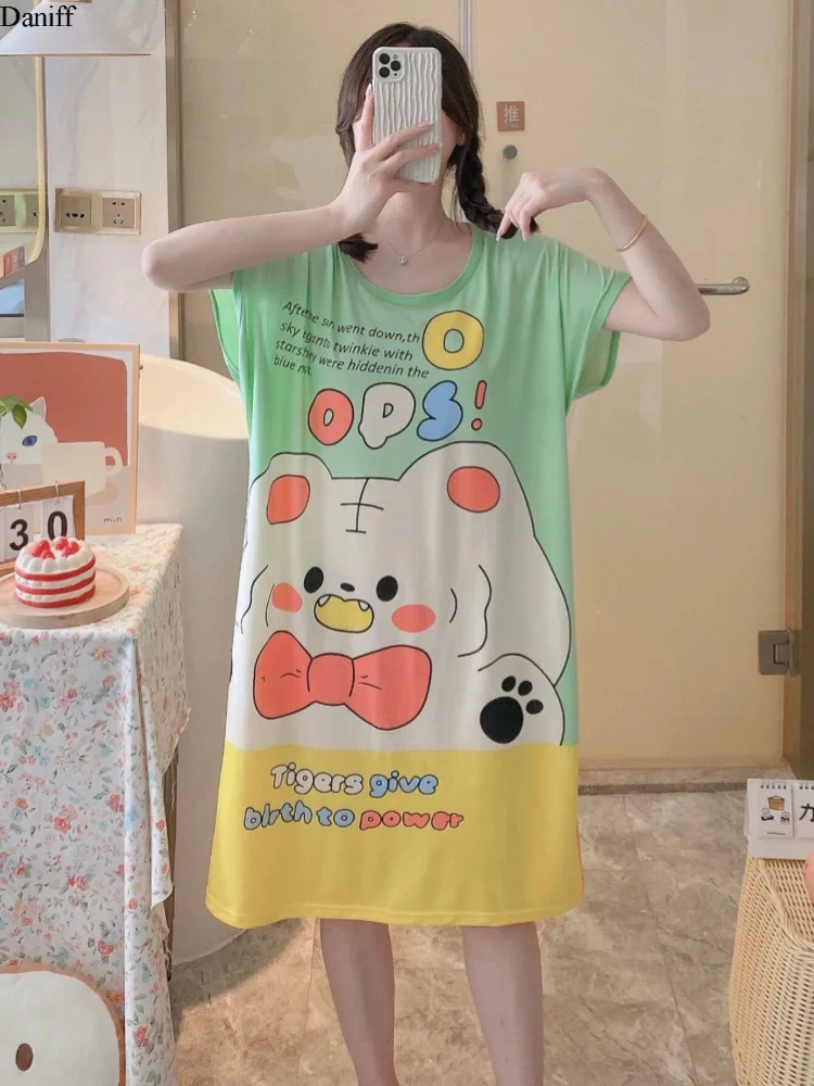 Camisón de Dibujos Animados para Mujer, Bonito y Moderno, Vestido Cómodo de Manga Corta, Ropa de Dormir de Poliéster, Talla Grande, Holgado