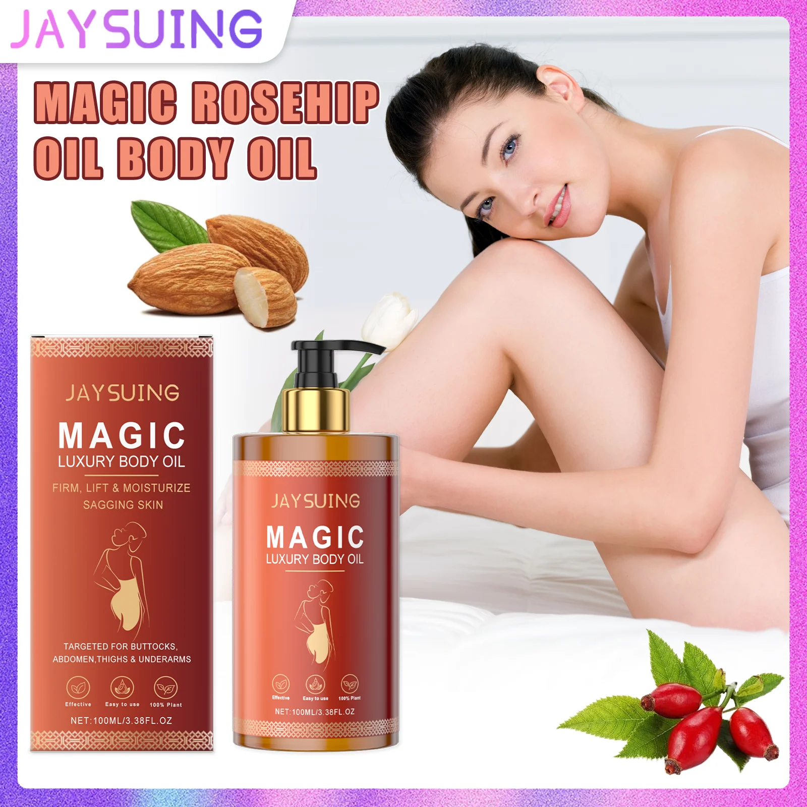 زيت الورك الوردي زيت الجسم الفاخر ترطيب عميق تخفيف جفاف كامل الجسم تجديد ثبات الجلد زيت تدليك الجسم المرن