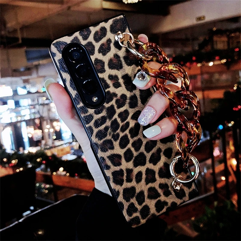 

Luxury Leopard Print PU Leather Phone Case For Samsung Galaxy ZFold 7 ZFold6 ZFold 5 4 3 Cover with Wrist Strap for Woman Girl