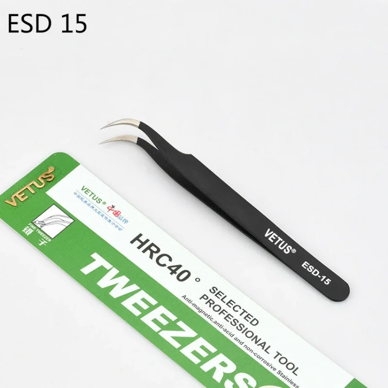 100% VEtus ESD Anti-static Stainless Steel Tweezers Maintenance Tools Industrial Precision Curved Straight Tweezers Repair Tools