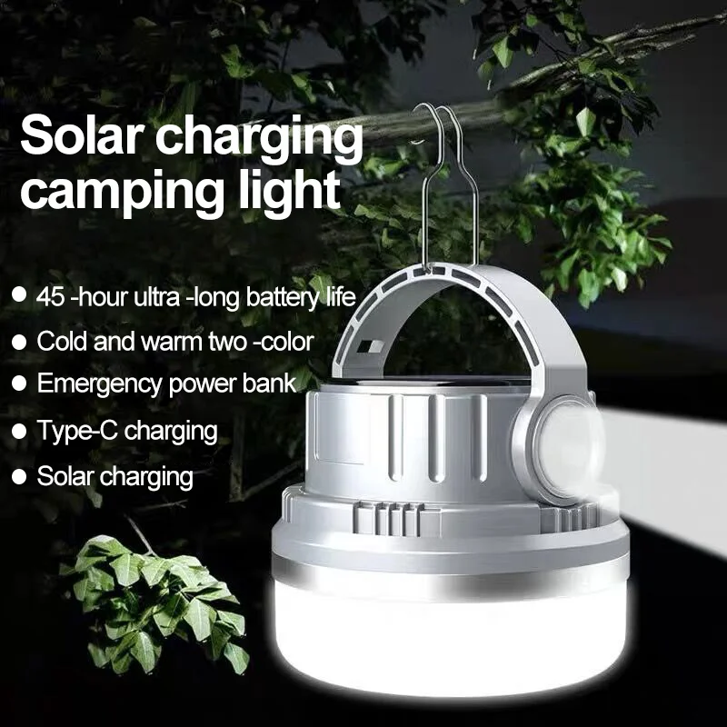 Solar Camping Lantern LED USB Rechargeable Tent Lamp Portable Camping Light with Hook Waterproof Bulb Lamps for Outdoor Lighting