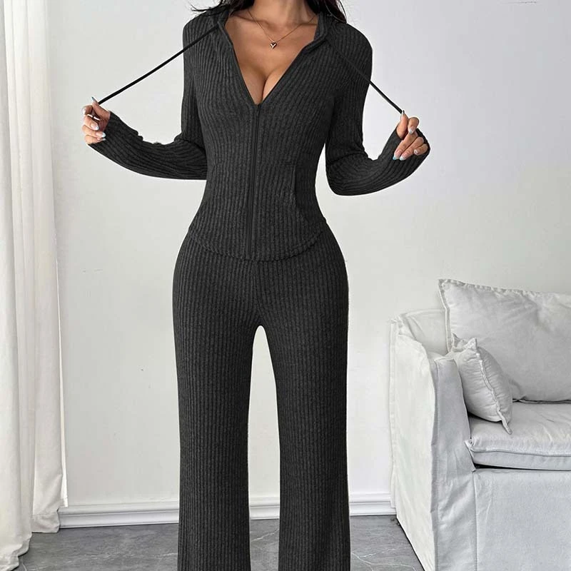 

2025 Autumn and Winter Fashion and Leisure Suit Long-sleeved Hooded Coat Wide-leg Trousers Women's Two-piece Suit