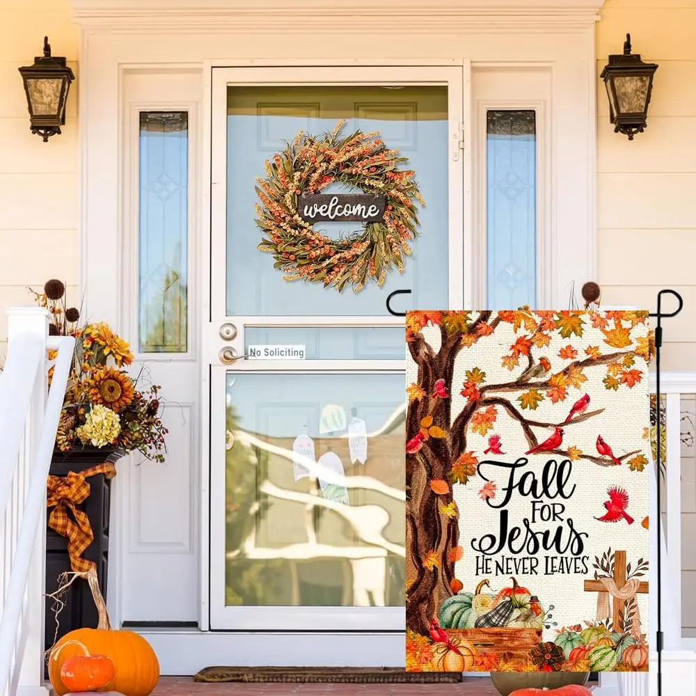 RABUSOFA Fall for Jesus Garden Flag 12x18 Inch Double Sided for Outside, Autumn Maple He Never Leaves Cardinal Pumpkin Outdoor S