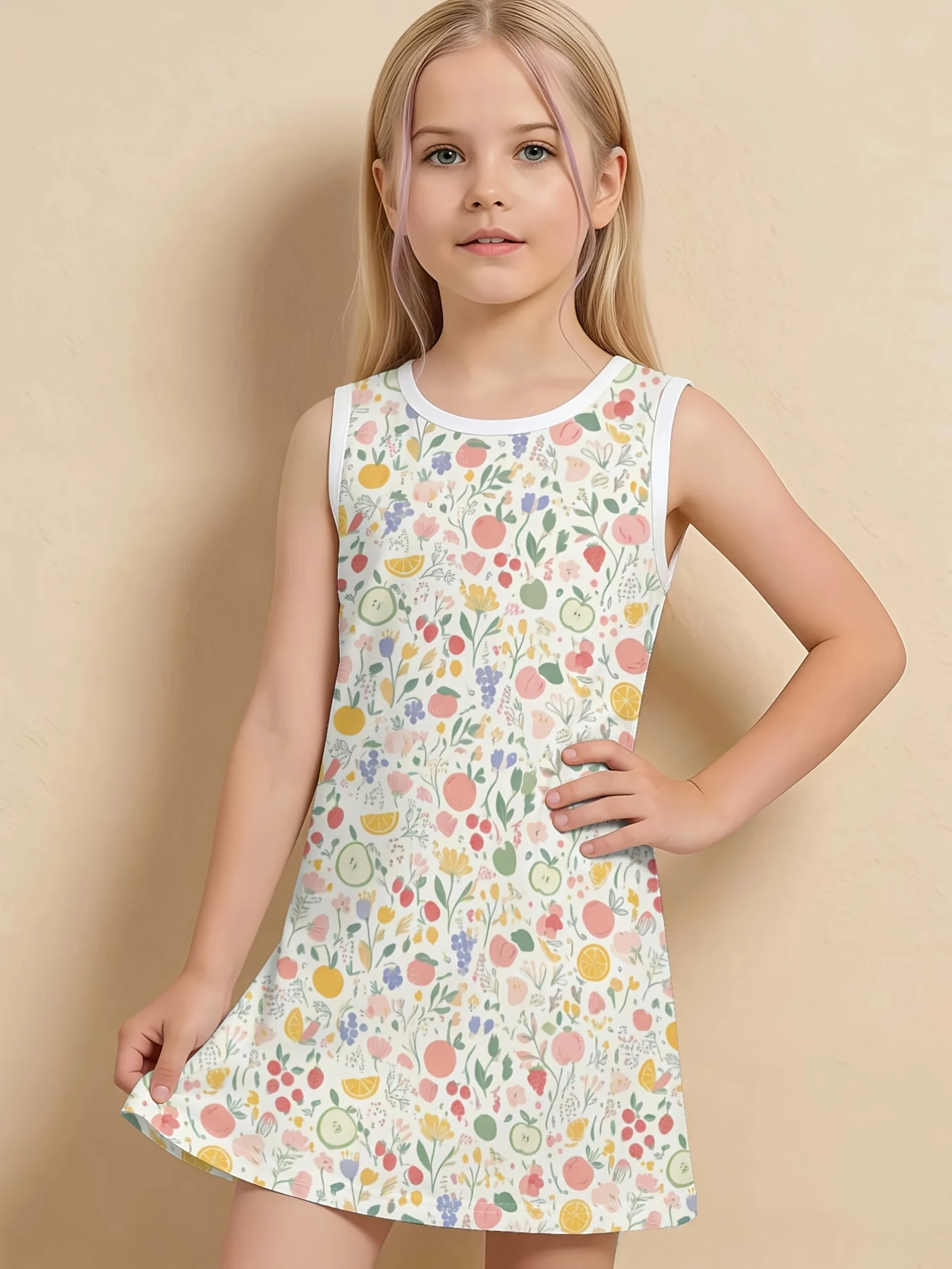 Kids Sleeveless A‑Line Dress Vivid Fruit Floral Print Contrast Neck Trim Casual Light Summer Daily Wear for Outdoor Play Trips