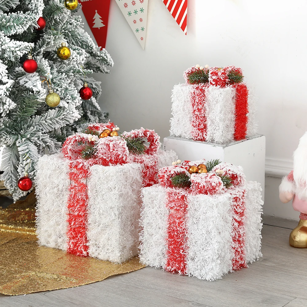 3Pcs/Set Merry Christmas Gift Box Ornament Snow Present Box Xmas Eve Tree Home Party Decoration Kid Gift New Year 2023 Navidad