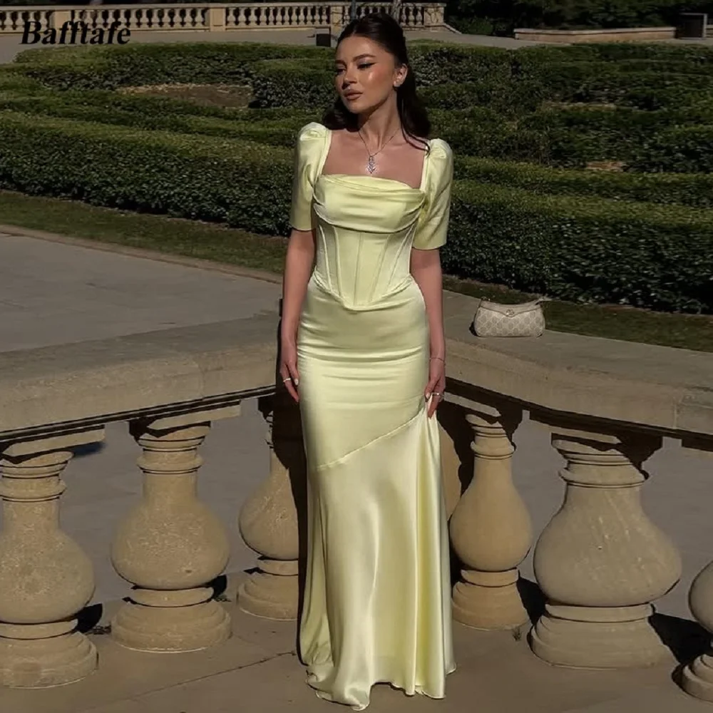 

Bafftafe Mermaid Yellow Satin Evening Gowns Customized Corset Short Sleeves Women Formal Party Prom Dresses Bridesmaid Dress