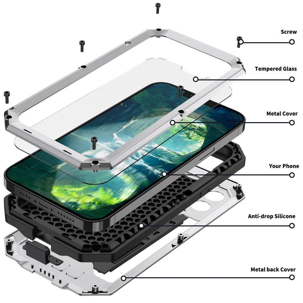 Heavy Duty Metal Aluminum Case For iPhone 14 13 15 Pro Max Military Grade Shockproof Bumpers Armor Kickstand Camera Slider Cases