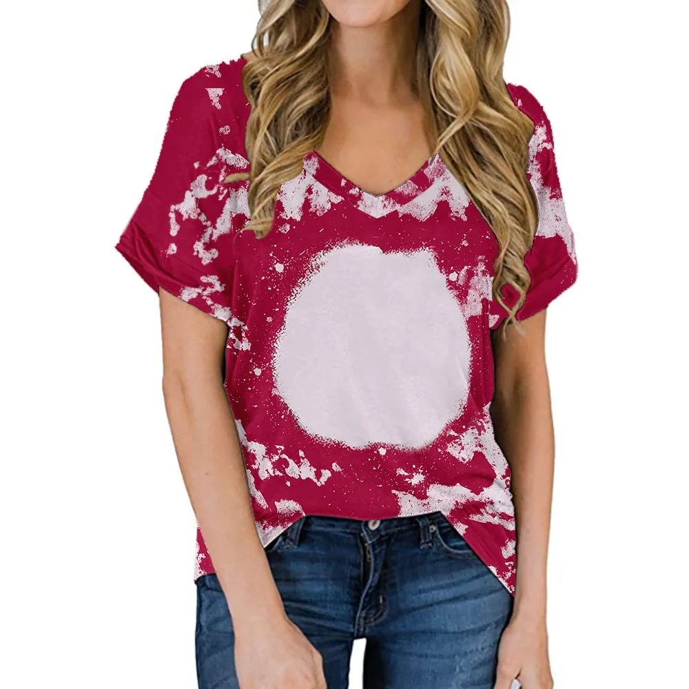 Summer V-neck Color Tie-dye Thermal Sublimation Blank Top Short-sleeved Wholesale Polyester Fashion T-shirt