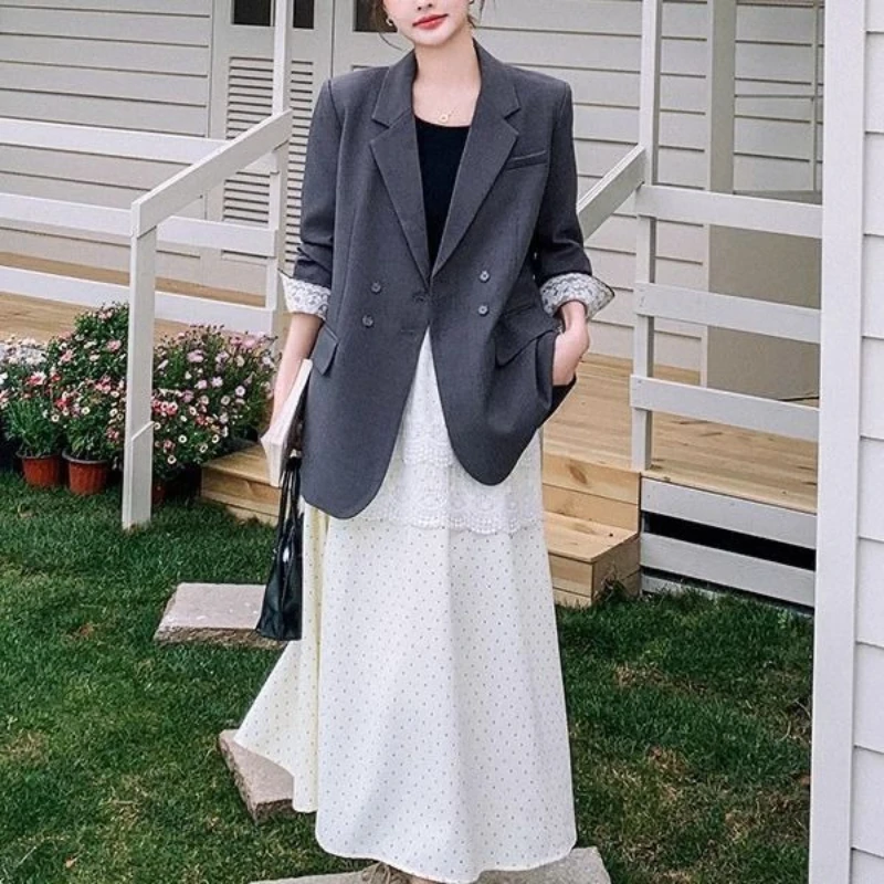 

Women's 2025 Spring New Premium Lace Splicing Blazer Unique Design Oversized Korean Style Double Breasted Commute Suit Jacket