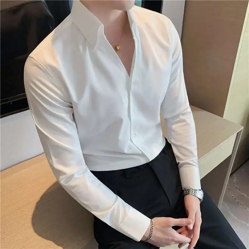 

Британское повседневное тонкое платье-рубашка Camisa Masculina Social Spring итальянская рубашка с v-образным вырезом 2021 Летняя мужская Простая рубашка с коротким рукавом