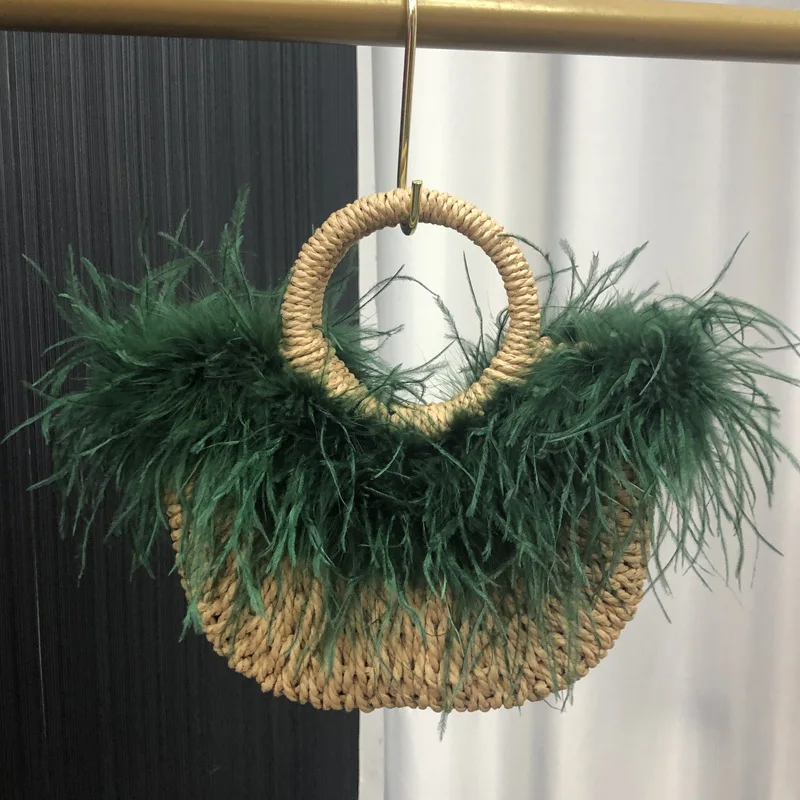 Ostrich Feather Wedding Bag Bride Cabbage Basket Women Vacation Woven Bridal Handbag Formal Party Accessories