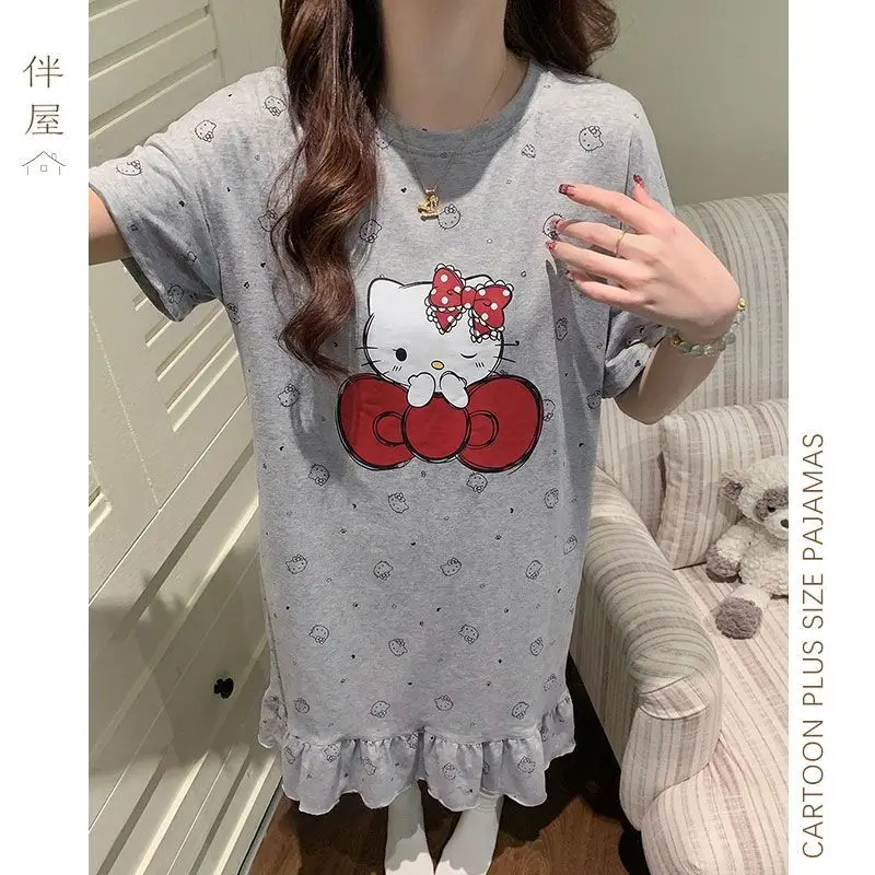 Hello Kitty Pajamas Dress Long Dresses Pyjamas Summer Sleepwear Short Sleeve Sleeping Skirt Kawaii Cartoon Home Clothes - view 3