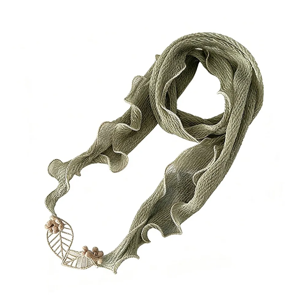 

Solid Color Crushed Silk Scarf Leaf Pendant Frilled Edge Silk Scarf Artistic Design Wrinkled Silk Thin Pleated Scarf Summer Wear