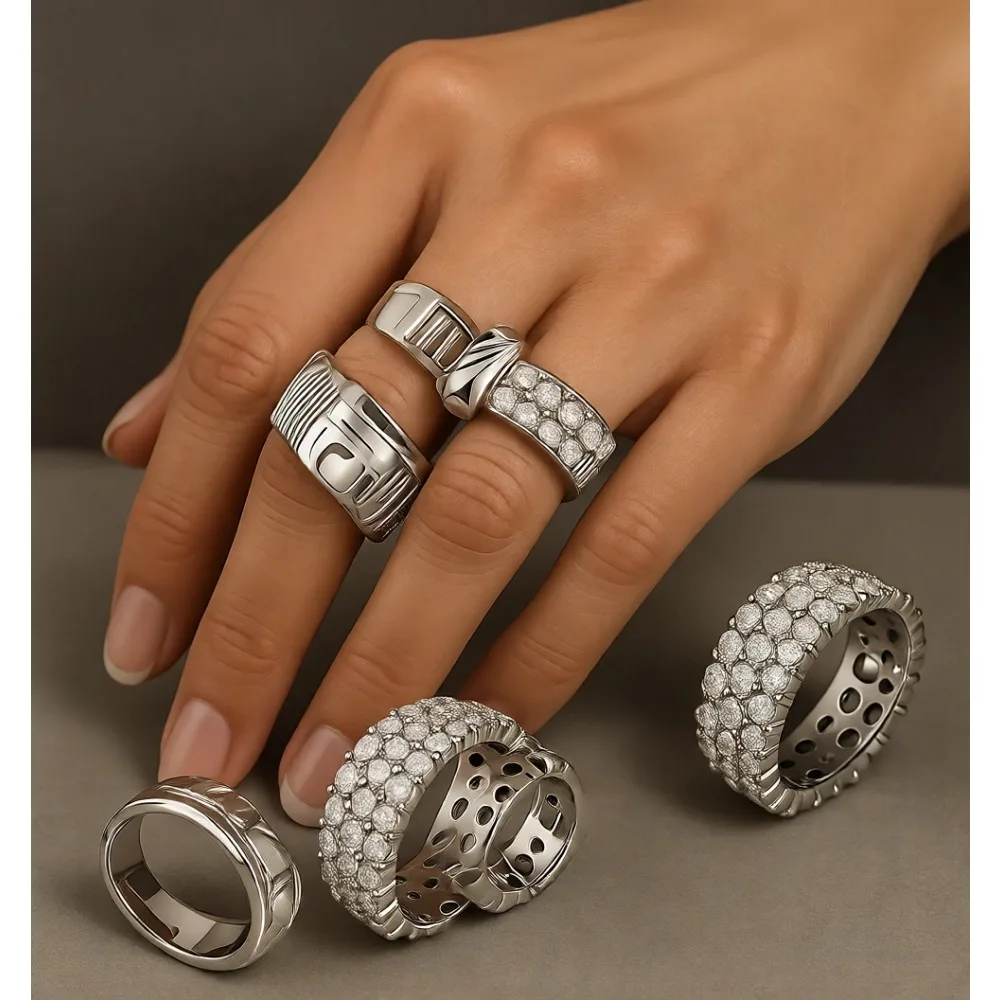 

Позолоченное белым золотом круглое кольцо-обручалка с кубическим цирконием для женщин и мужчин