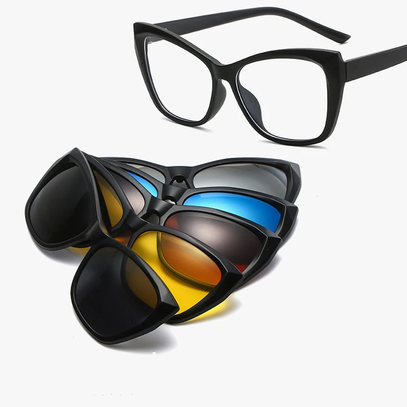 Xuka عين القط النساء الاستقطاب قصر النظر البصرية النظارات الشمسية مشبك مغناطيسي إطار نظارات 6 في 1 وصفة طبية مخصصة نظارات -0.5 ~-6.0 #6