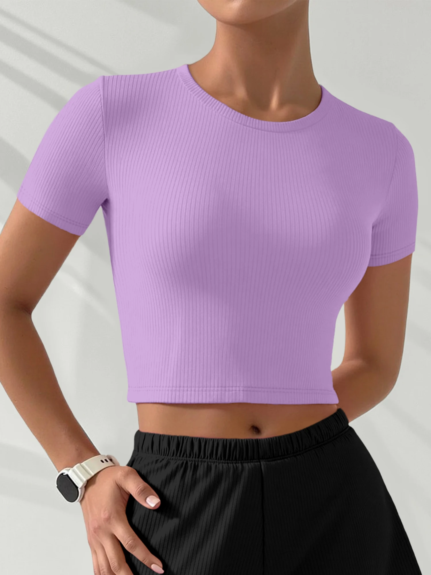 All‑Season Ribbed Crew‑Neck Cropped Base Top, Elastic Short‑Sleeve Shirt for Mix‑and‑Match Daily Wardrobe