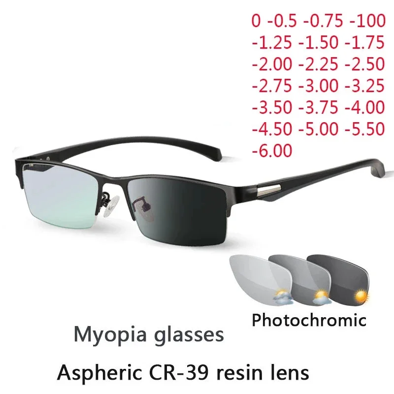 

Photochromic Myopia Eyeglasses Men Chameleon Sun Prescription Glasses Women Half Metal Frame -0.5 -0.75 -1.0 -2 To -6