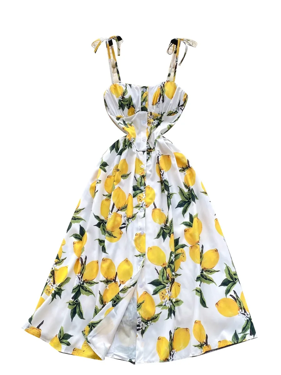 Foamlina Francuska Sukienka Midi Retro z Kwiatowym Nadrukiem, Wiązana na Szyi, Letnia, z Rozcięciem, Podkreślona w Talii, Dopasowana, Elegancka, Unikatowa