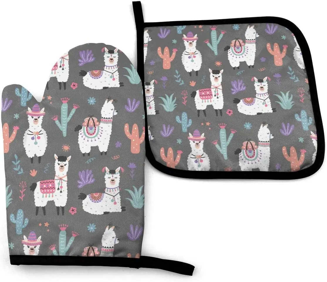 Cartoon Llama Alpaca Seamless Pattern Oven Mitts and Pot Holders Heat Resistant Oven Gloves Safe Cooking Baking Grilling