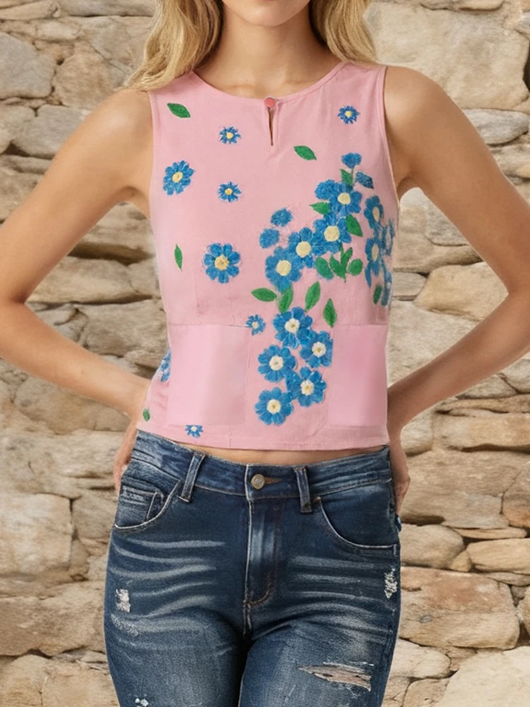 ZANZEA الصيف الأزهار طباعة بلوزات بلا اكمام امرأة 2025 جديد عادية س الرقبة التصحيح جيوب النساء الدبابات القمم عطلة ارتداء اليومي S-3XL