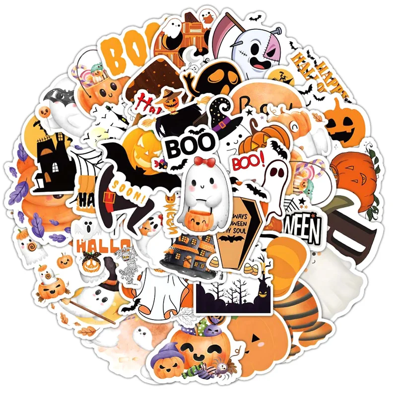 52PCS Self-adhesive Halloween Stickers Cute Waterproof Castle Ghost Pumpkin Halloween Stickers For Phone Laptop Luggage Guitar