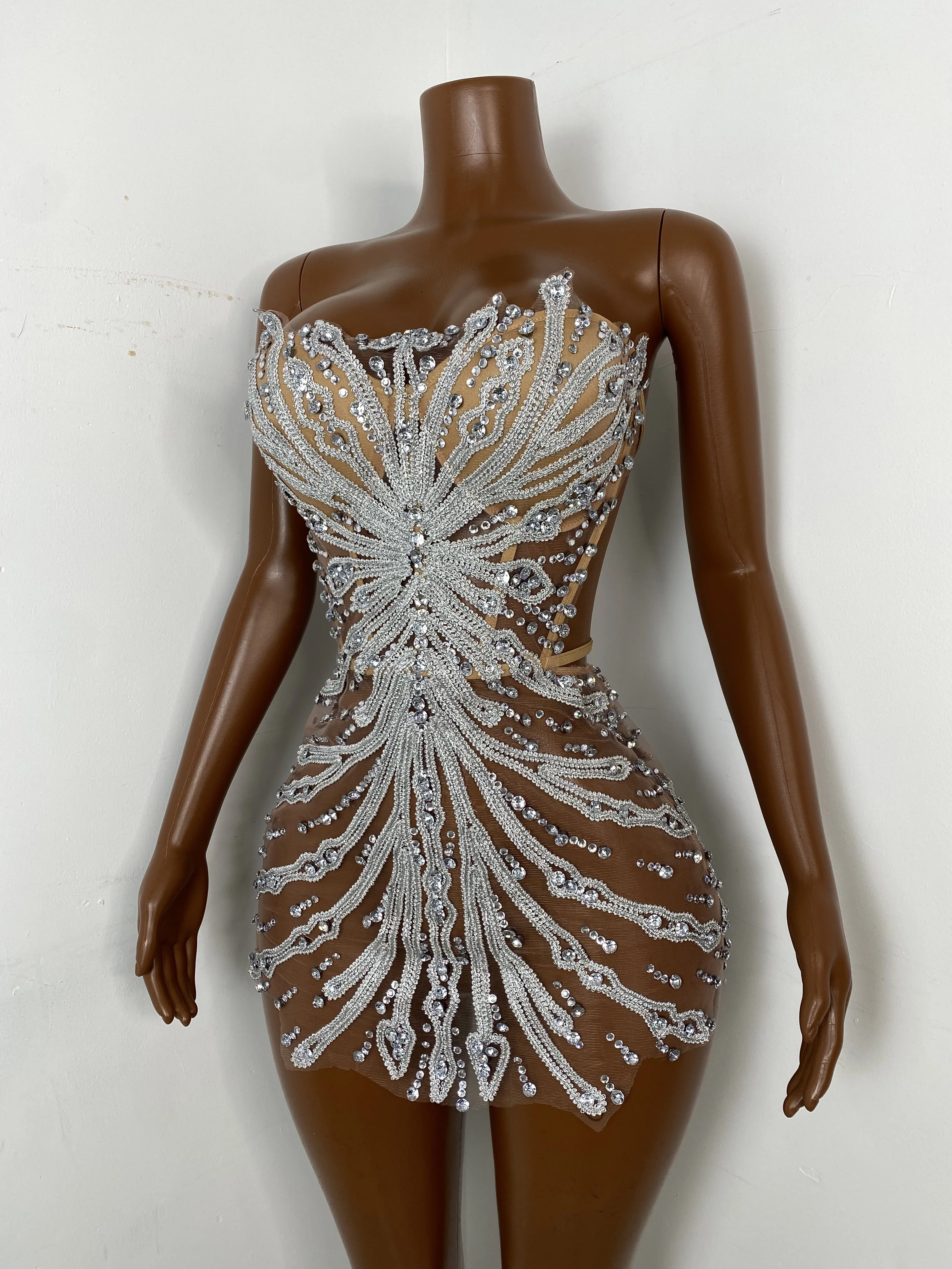 Women Sexy Strapless Backless Silver Diamonds Mini Dress Birthday Party Costume Bar Nightclub Stage Performance Clothing