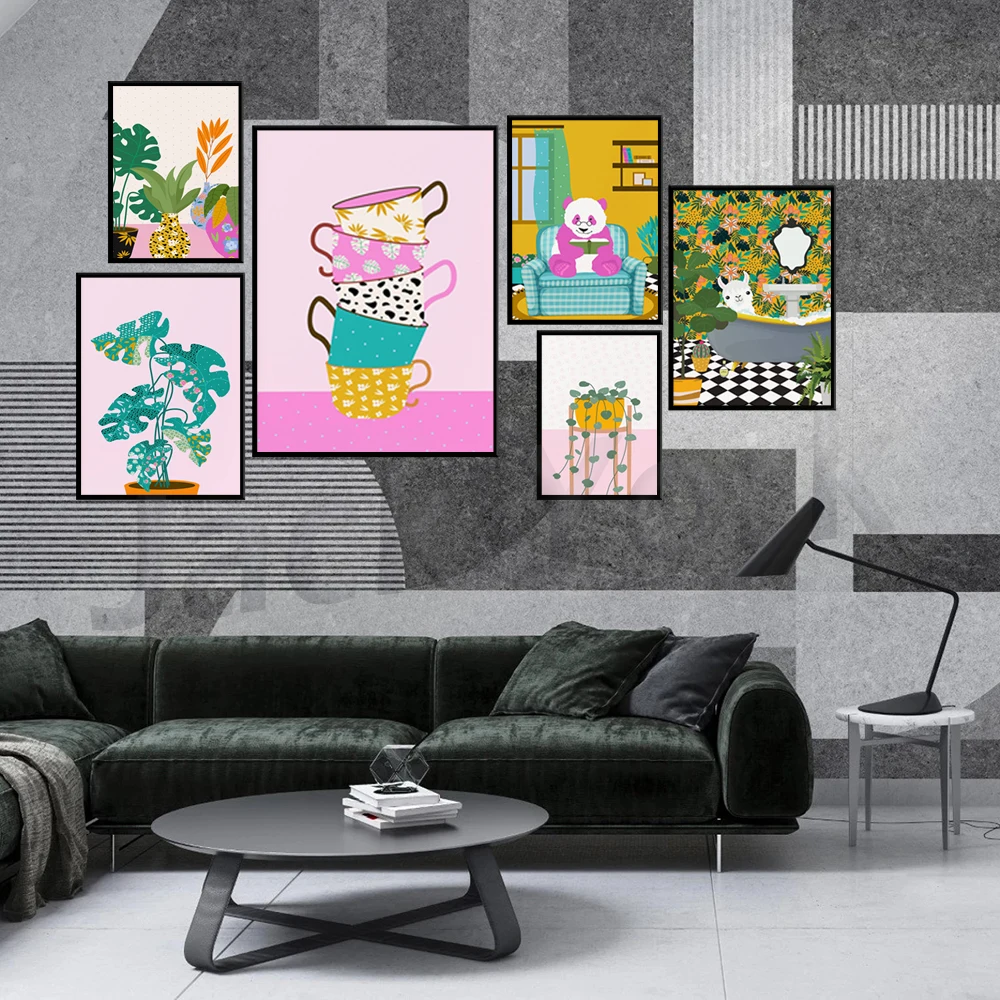 Funky Plant |Funny Colourful Pink animal in Bath Print, Trendy Wall Art, Colorful Fun Original Illustration Bathroom Wall Art