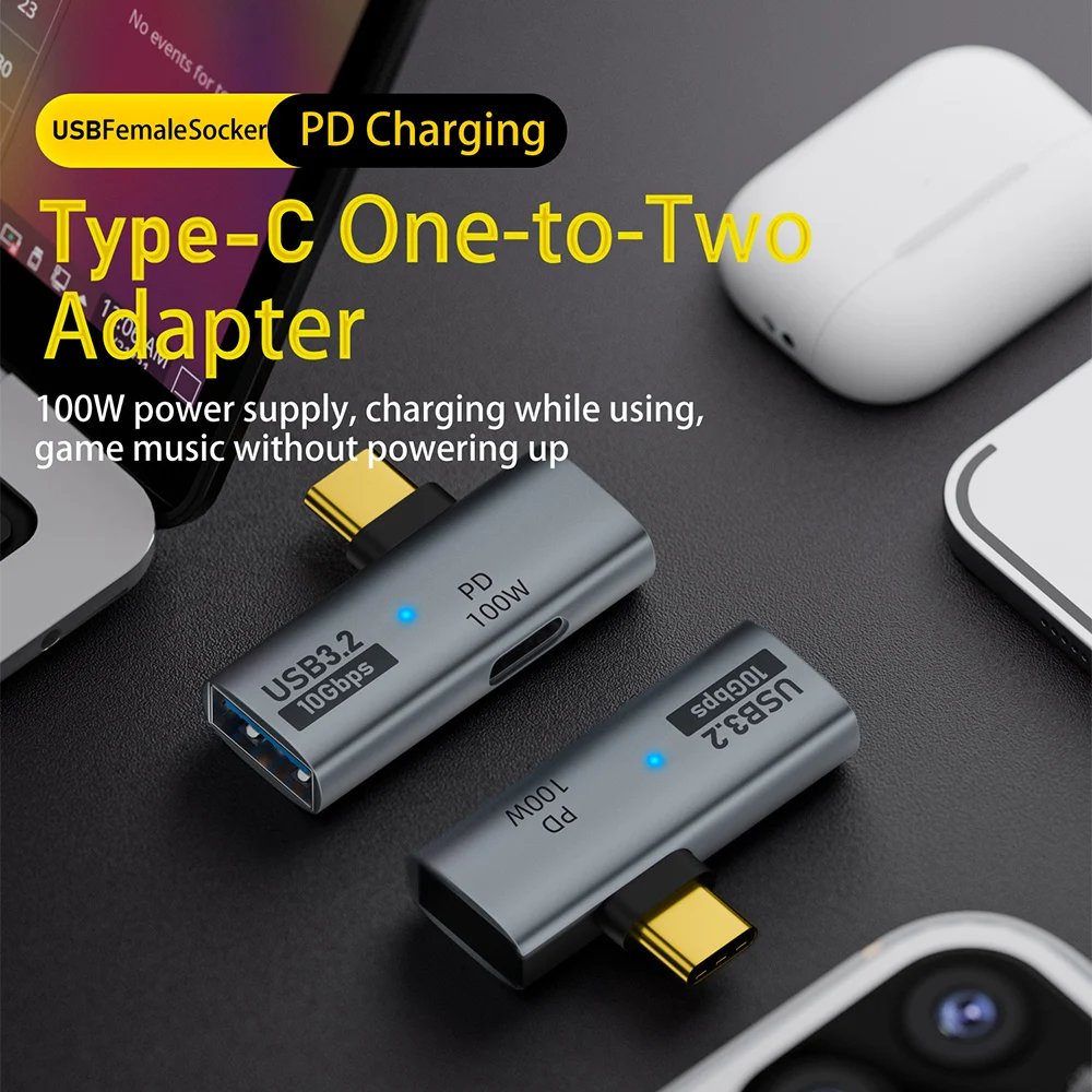 Type C USB3.2 OTG Splitter 2-in-1 100W PD Fast Charging USB C Adapter 10Gbps Data Transfer Fast Charging Converter for Macbook