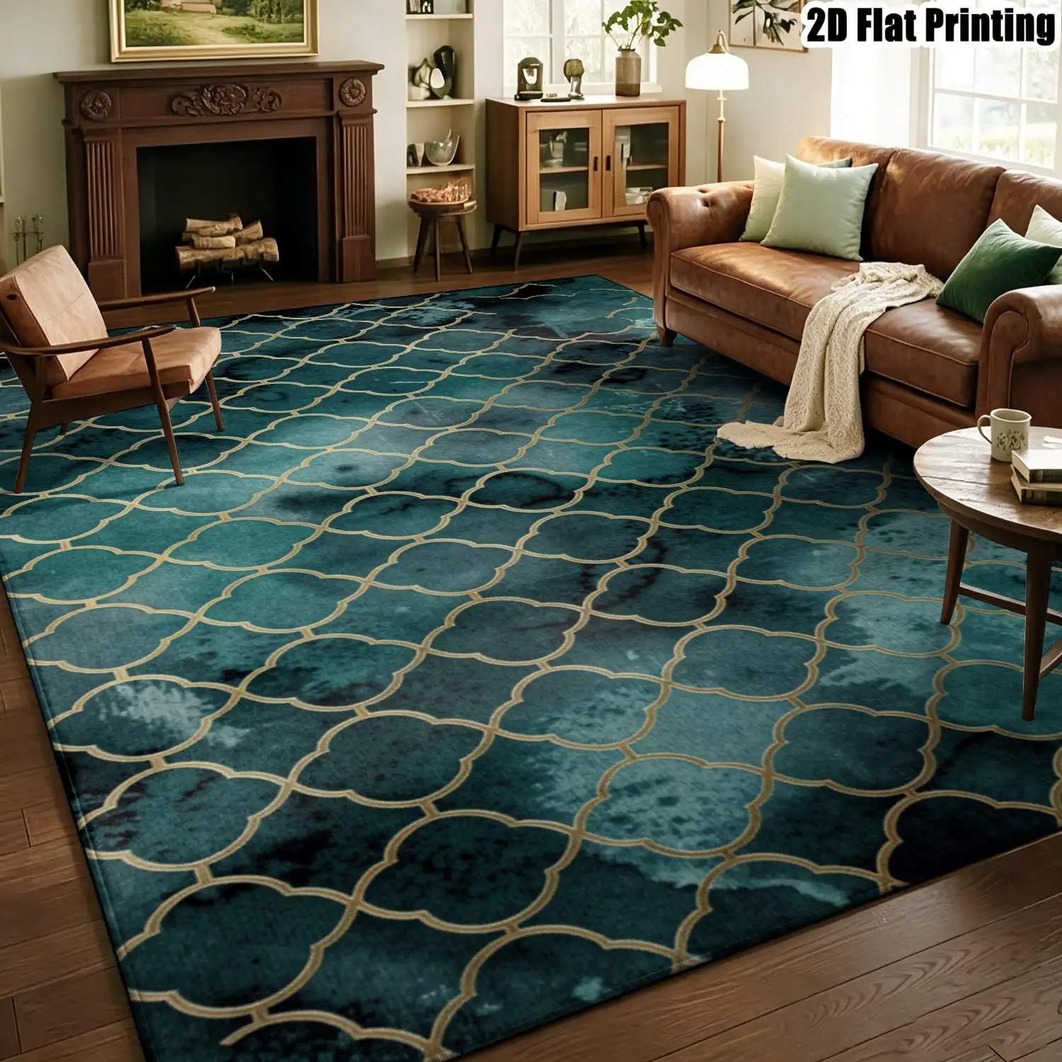 1Pc 2D Printed Carpet: Dark Green & Gold Geometric Four-Leaf Clover Pattern, Modern/Retro/Instagram Style, Multi-Size, Machine Washable, for Home Decor & Various Floor Uses