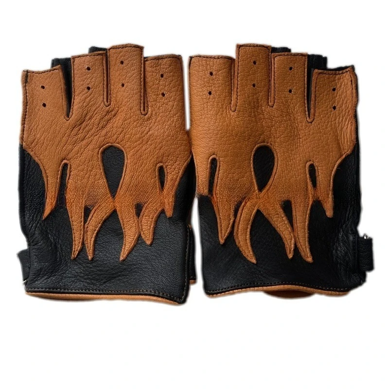 Deerskin Flame Motorcycle Riding Gloves Spring Summer Leather Men's Half-finger Gloves view 4