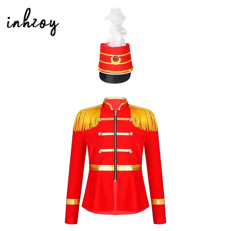 Kids Girls Halloween Drum Major Costume Marching Band Uniform Royal Guard Parade Jacket with Hat Carnival Party Fancy Dress Up