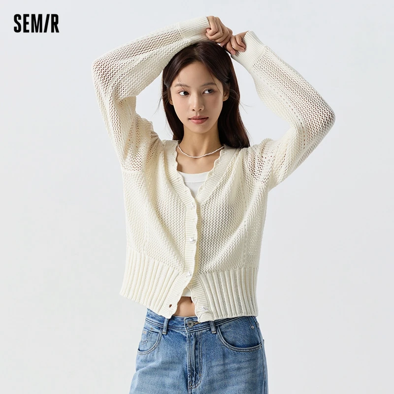 Semir 2024 Knitted Cardigan Women Short Puff Sleeve French Style Spring New White Hollow Texture V-Neck Top