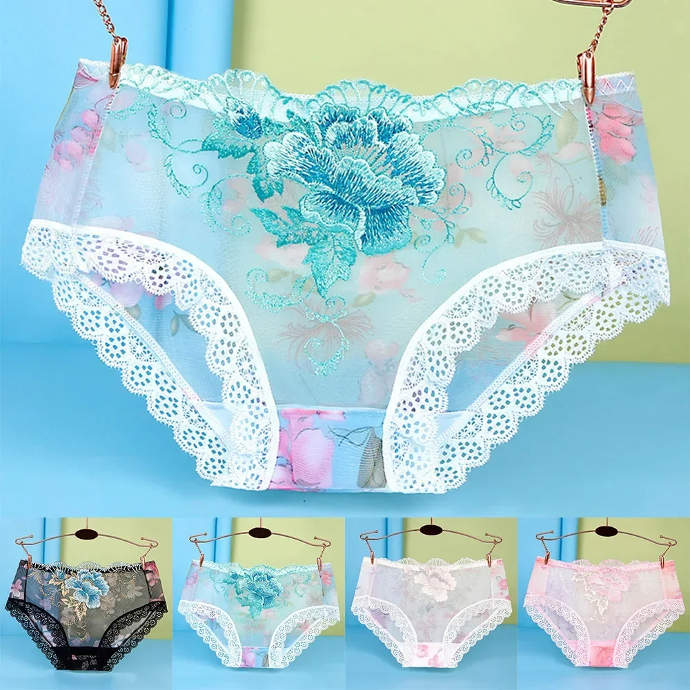 

New Plus Size Panties Women Sexy Lace Seamless Underwear Flowers Embroidery Skin-Friendly Transparent Briefs Lingerie Female