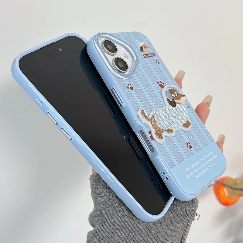 Cute Embroidered Puppy Glitter Bling Case For iPhone 16 15 13 14 Pro Max Hard Silicone Shockproof Phone Back Cover