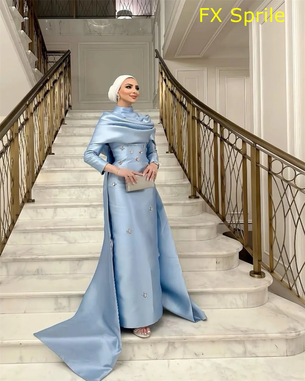 فستان سهرة من الساتان الأزرق الرقيق حسب الطلب، خط عنق عالي رائع قبالة الكتف وأكمام طويلة، فستان حفلات ناعم Pr #5