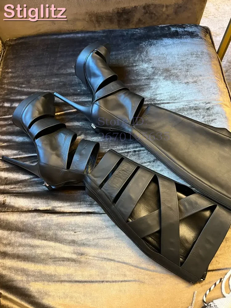 Rose Red Hollow Knee High Platform Boots Peep Toe Cross Strap Stiletto High Heel Back Zipper Sandals 2026 Women Gladiator Shoes