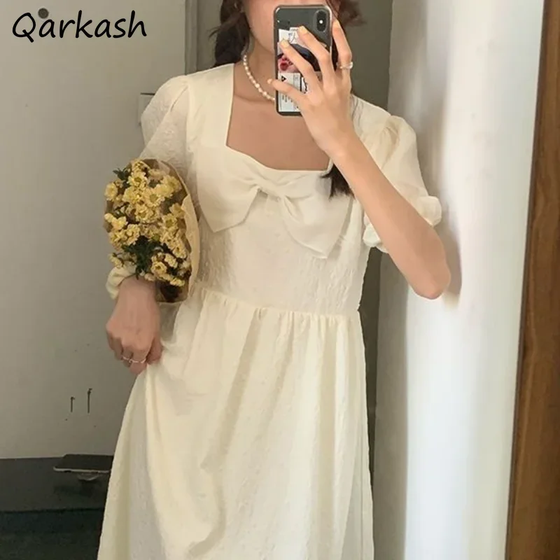 

Short Sleeve Dresses Women Midi Solid Minimalist Summer French Style Elegant High Waist Versatile Aesthetic Sweet College Dress
