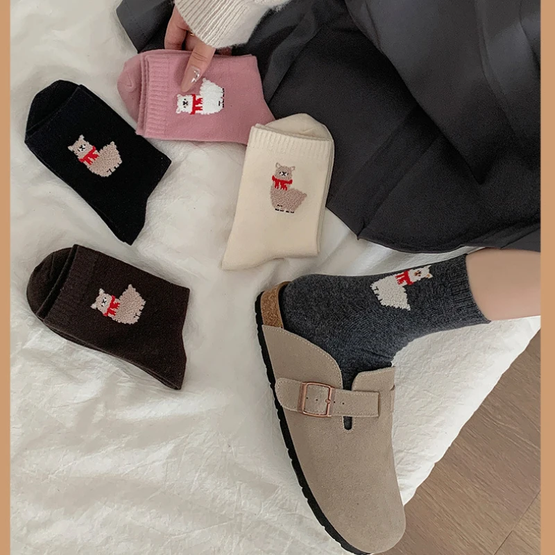 Embroidery Cartoon Alpaca Cute Women's Socks College Style Cotton Long Socks for Women Harajuku Vintage Animal Sheep Sock