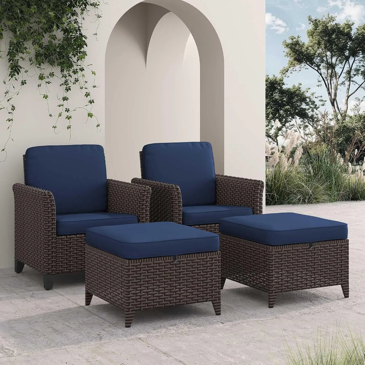 PE Wicker Patio Chair & Ottoman Set 4 Pieces, Customized