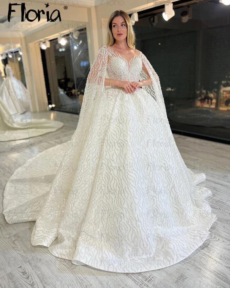 

Muslim Romantic Long Cape Wedding Dress Dubai Full Beading Ball Gown Bridal Dresses Luxury Vestido De Noiva Plus Size Customized