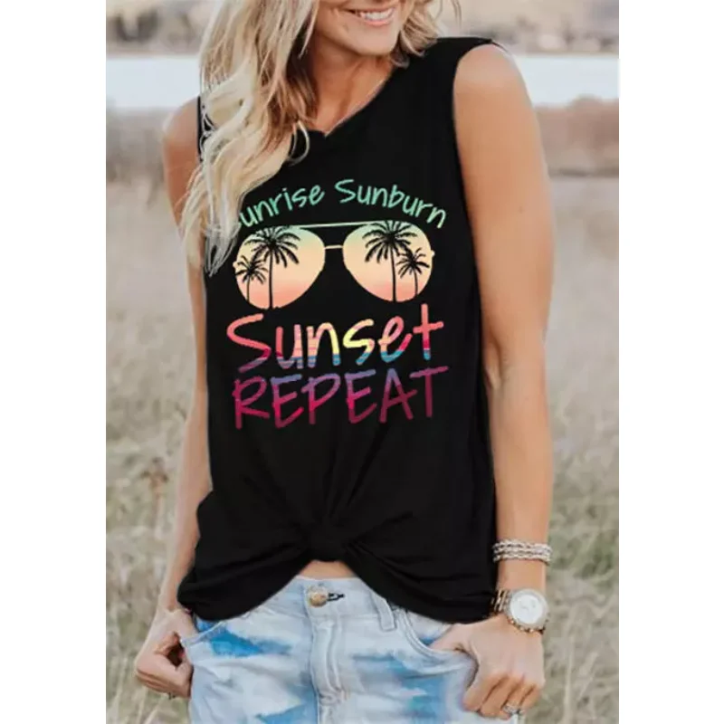 Rheaclots Women's Sunglasses Sunrise Sunburn Sunset Repeat Printed Women's O-Neck Tank Top