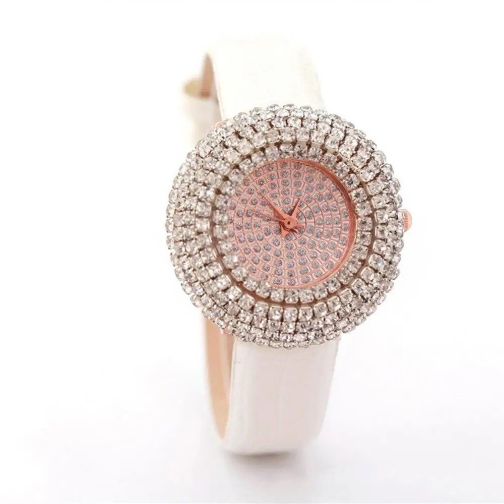 Exquisite Rhinestone Crystal Dial Quartz Wristwatches 4 Fashion Colors Women\'s Watches Leather Band Strap Beauty Lady Best Gifts