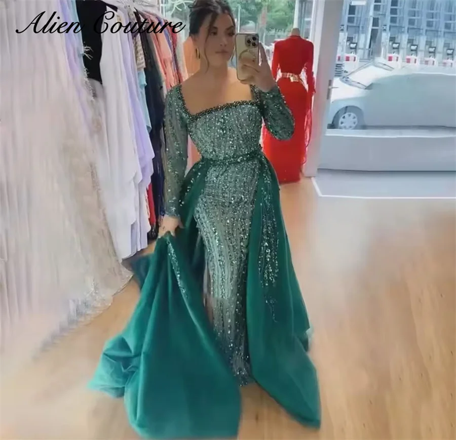 Элегантные зеленые вечерние платья русалки с бисером и кристаллами с длинными рукавами, платье для дня рождения длиной до пола, платье подружки невесты на заказ