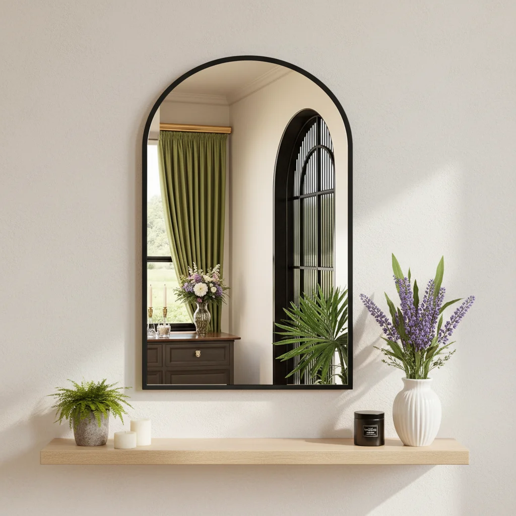 مرآة حائط حمام سوداء مقوسة مقاس 26 × 38 بوصة، مرآة زينة أنيقة للنوم أو الكلية، تصميم مريح يومي حديث #5