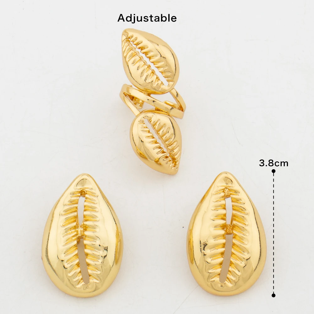 18K vergoldetes 3D-Kaurimuschel-Ohrring- und Ring-Set, afrikanischer ethnischer Statement-Schmuck für Frauen, Party, Hochzeit, modisches Schmuckgeschenk – Detail 5