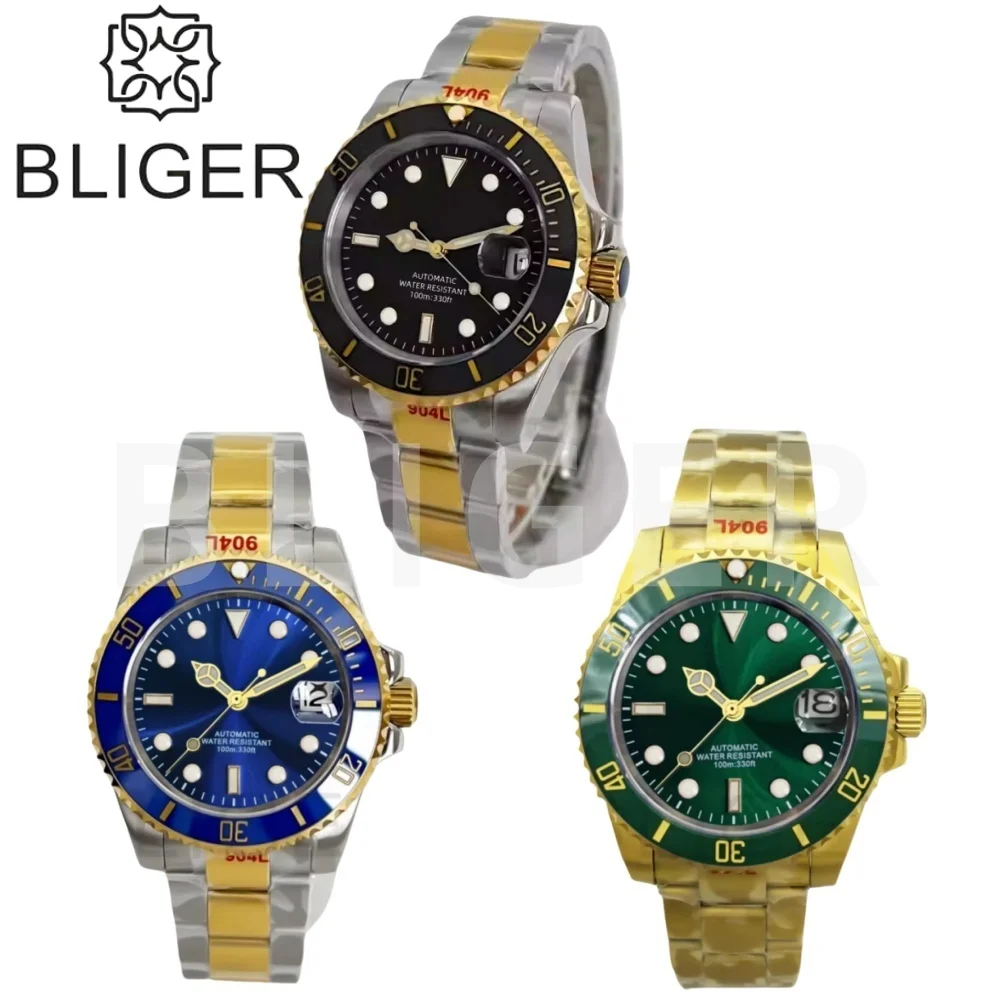 

BLIGER 40mm Luxury Two Tone Gold Dive Mechanical Watch For Men Sapphire Waterproof Watch NH35/PT5000/Mingzhu/Miyota8215 Movement