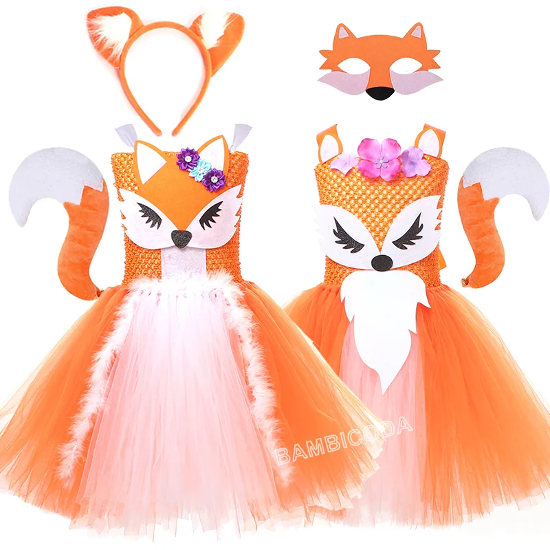 

Fox Tutu Dress Costume for Girls Orange White Birthday Party Carnival Fancy Animal Dress Up Clothes Baby Kids Halloween Costumes