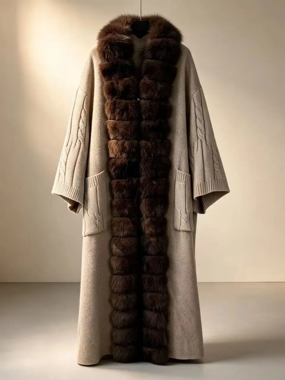 New Luxury Winter Real Natural Fox Fur Collar Woolen Blends Knit Long Overcoats Women Loose Warmth Cashmere Fur Jacket